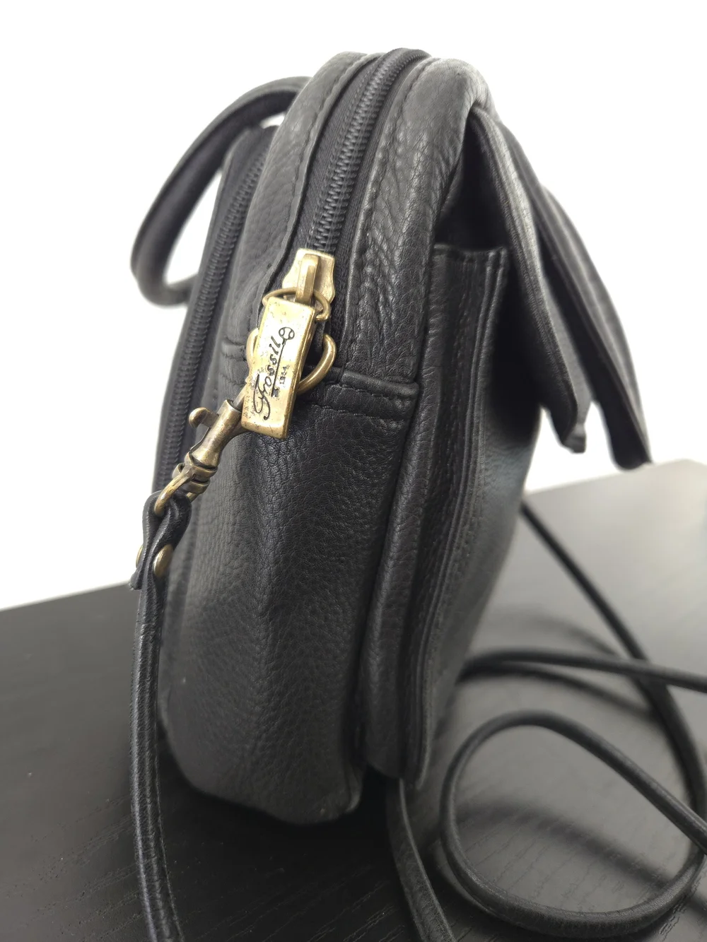 Fossil Classic Vintage Black Pebbled Leather Top-Handle Crossbody Bag Made USA